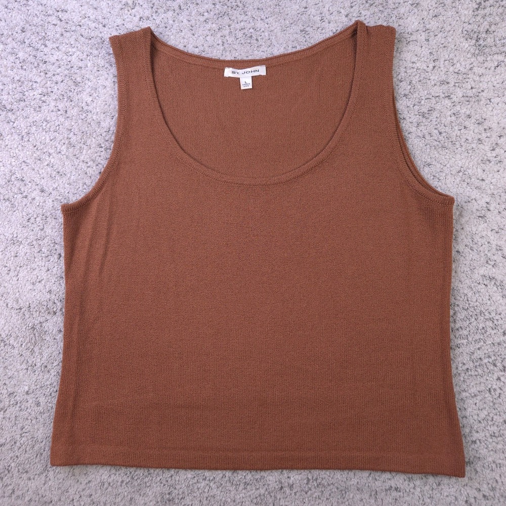 St John Top Womens Large Tank Knit Shirt Sleeveless Brown Pullover Made In USA